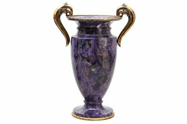 An ornamental, charoite vase with vermeil silver frame.